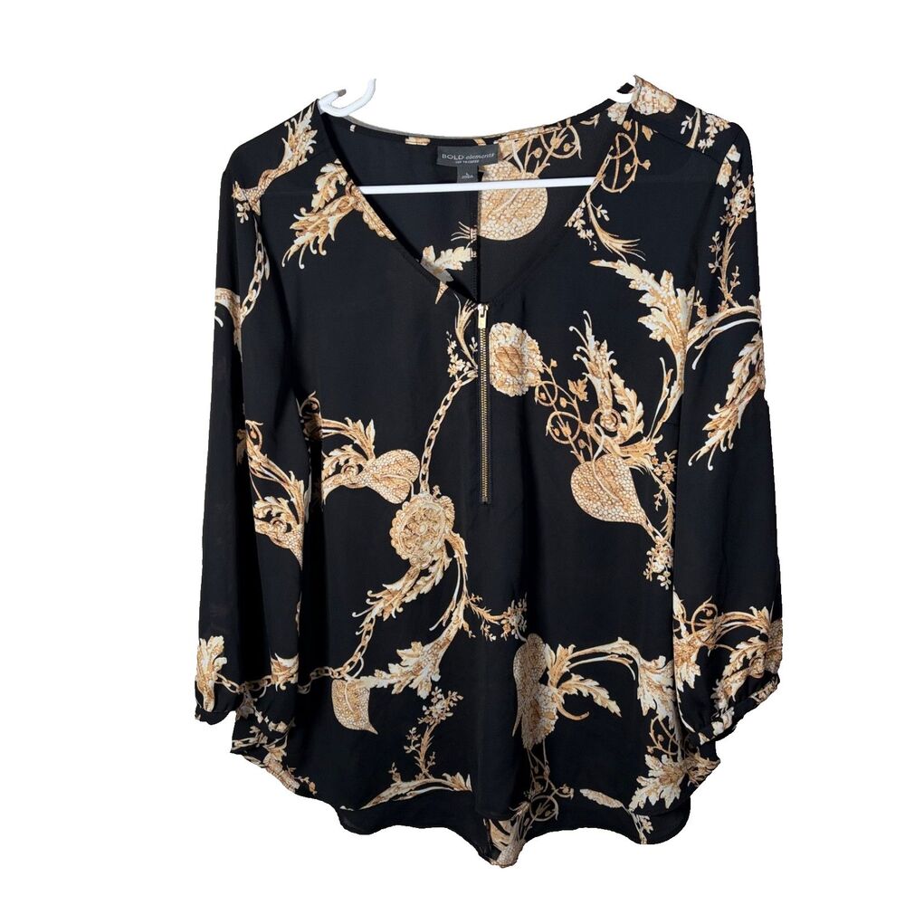 Bold Elements Blouse Women's Large V-Neck Zipper Colorful 3/4 Sleeve Top